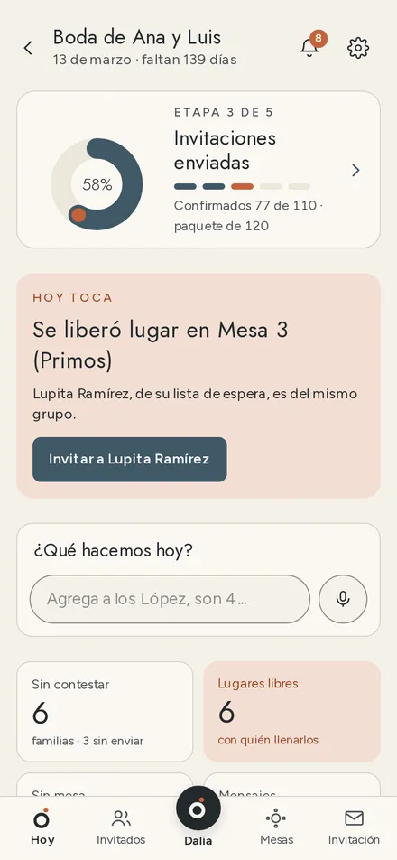 Pantalla Hoy de Acomódalos: un lugar libre en la mesa 3 y la sugerencia de invitar a Lupita Ramírez de la lista de espera.
