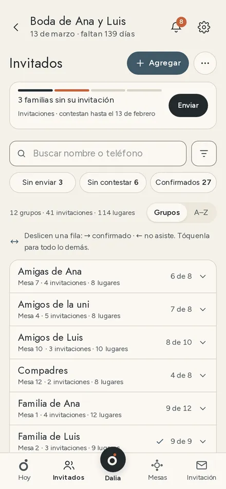 Lista de invitados de Acomódalos ordenada por grupos.